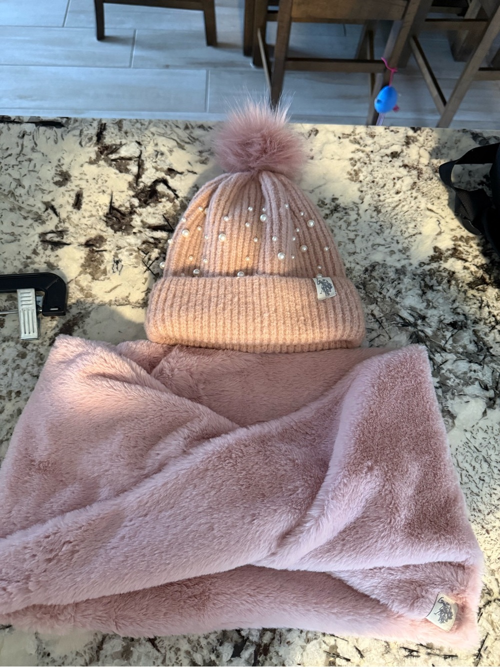 Ralph Lauren Pink Faux-Fur Pom Pom Beanie with Matching Plush Scarf/cowel